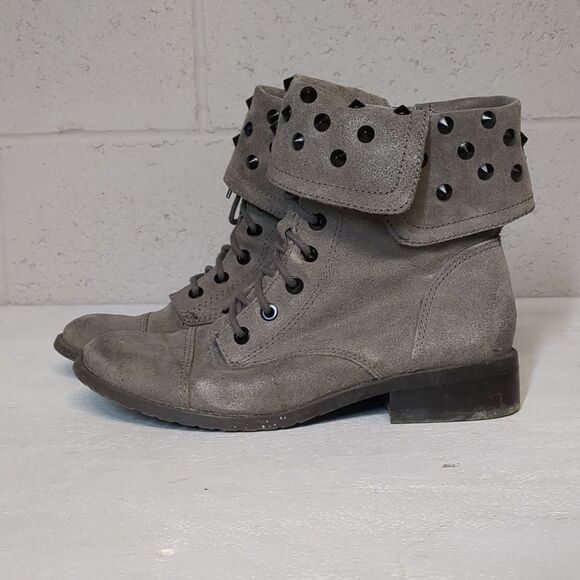 Fergie Mercury Studded Moto Combat Leather Boots, Lace Up, Size 7.5 - Picture 1 of 9